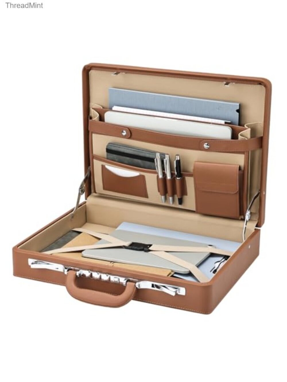 Men's PU Leather Briefcase with Lock Fits 16 Inch Laptop Brown